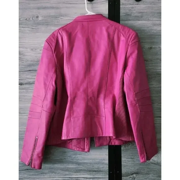 Mason & Cooper Women's Moto Leather Jacket Pink Size 4XL - Picture 3 of 12